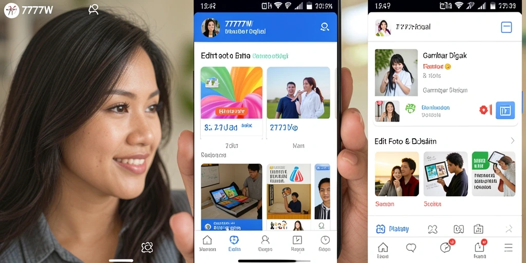 Tampilan antarmuka aplikasi 7777W dengan alat editing foto yang lengkap.