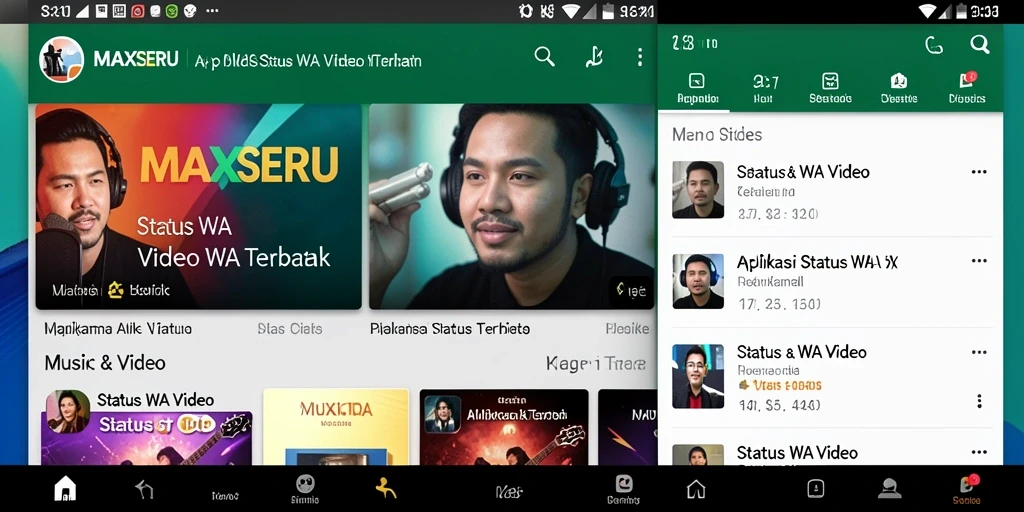 Tampilan antarmuka aplikasi MAXSERU dengan berbagai pilihan video status.
