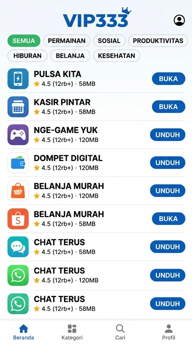 Tampilan katalog aplikasi vip333
